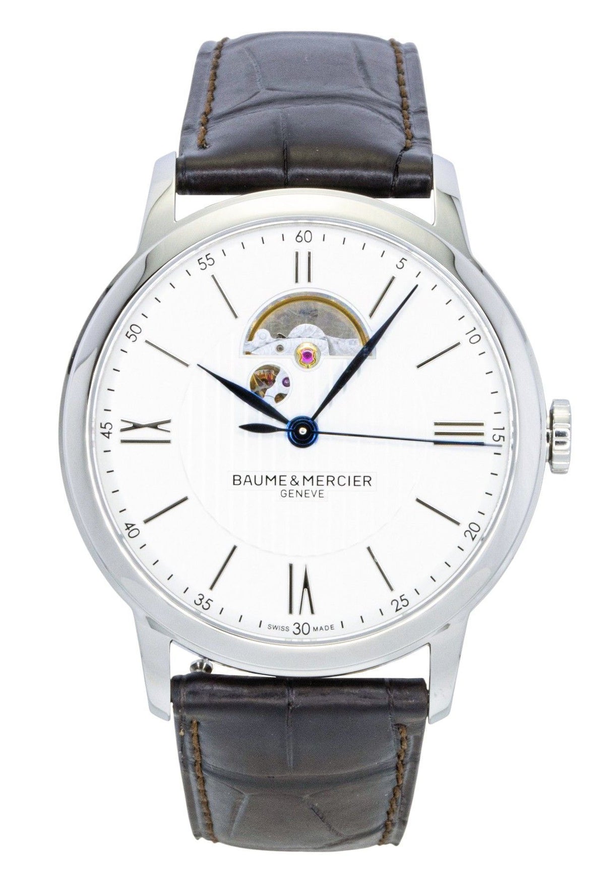 Baume & Mercier Classima Leather Strap Open Heart Silver Dial Automatic M0A10524 Men's Watch