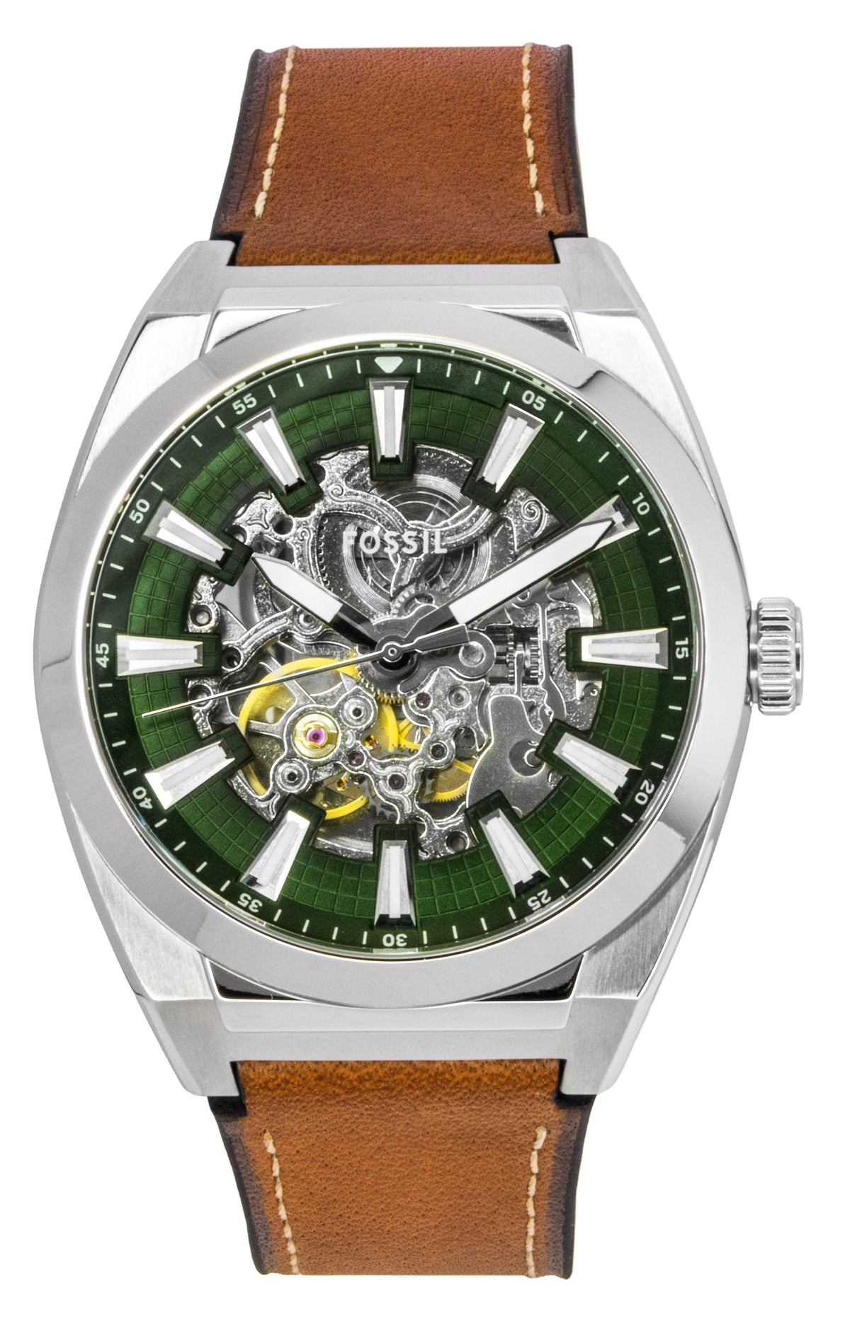 Fossil Everett Brown Leather Strap Green Skeleton Dial Automatic ME3261 Men's Watch