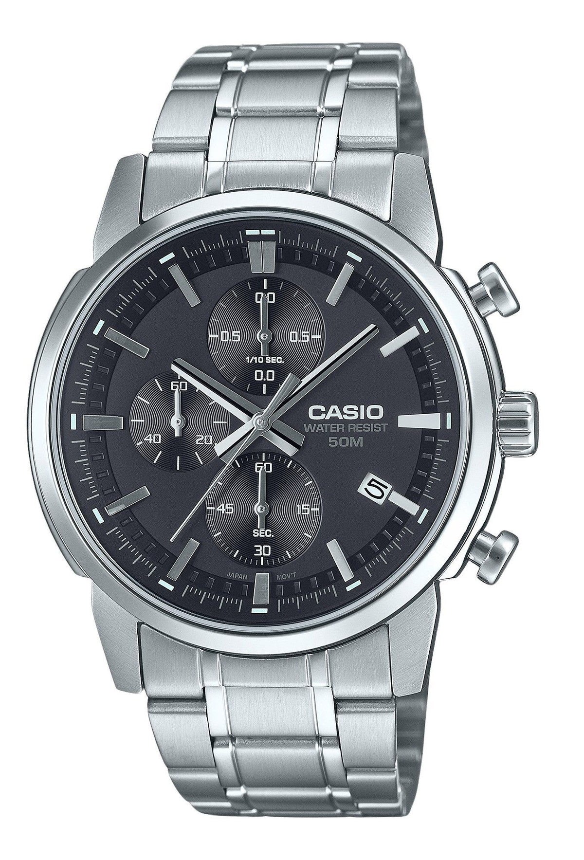 Refurbished Casio Standard Analog Chronograph Stainless Steel Black Dial Quartz MTP-E510D-1A1V Men's Watch