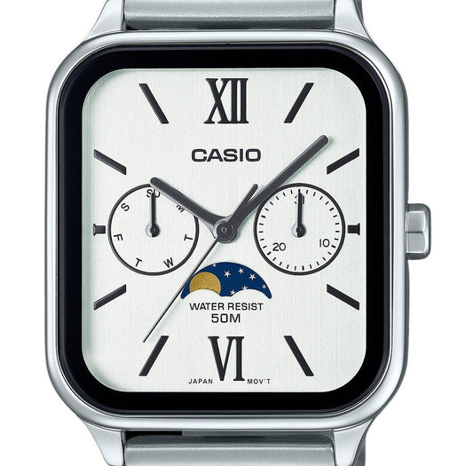 Casio Standard Analog Moon Phase Stainless Steel White Dial Quartz MTP-M305D-7A2V Men's Watch