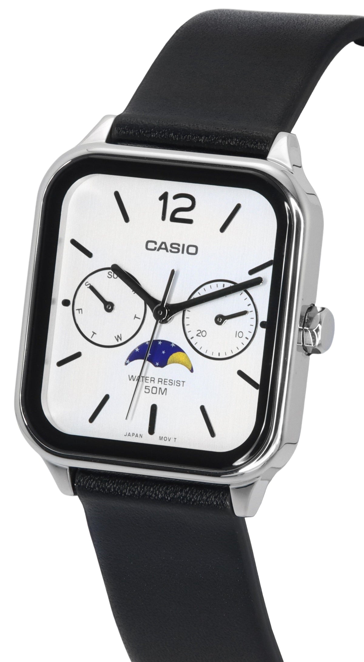 Casio Standard Analog Moon Phase Leather Strap White Dial Quartz MTP-M305L-7A Men's Watch