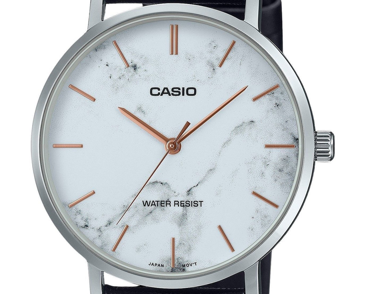 Casio Standard Analog Black Leather Strap Marble Inspired White Dial Quartz MTP-VT01LM-7A Men's Watch