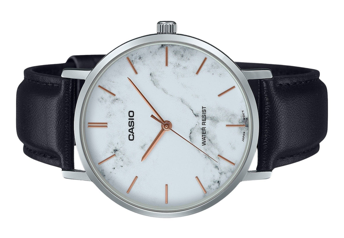 Casio Standard Analog Black Leather Strap Marble Inspired White Dial Quartz MTP-VT01LM-7A Men's Watch