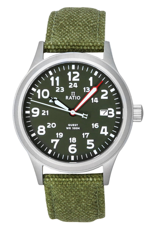 Ratio Quest Men's Field Watch Sapphire Canvas Strap Khaki Green Dial Quartz RTQ029 100M Lewis And Clark Edition