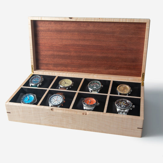 Watch Box Curly Maple Sapele Mahogany 8 Compartments - Veloce - The App For Watch Collectors