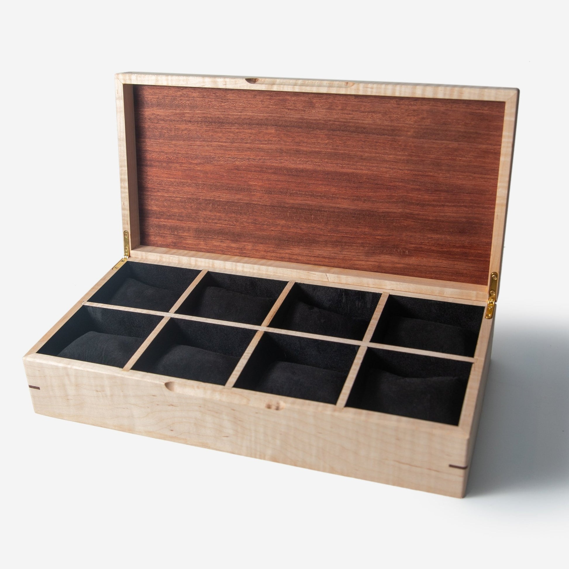 Watch Box Curly Maple Sapele Mahogany 8 Compartments - Veloce - The App For Watch Collectors