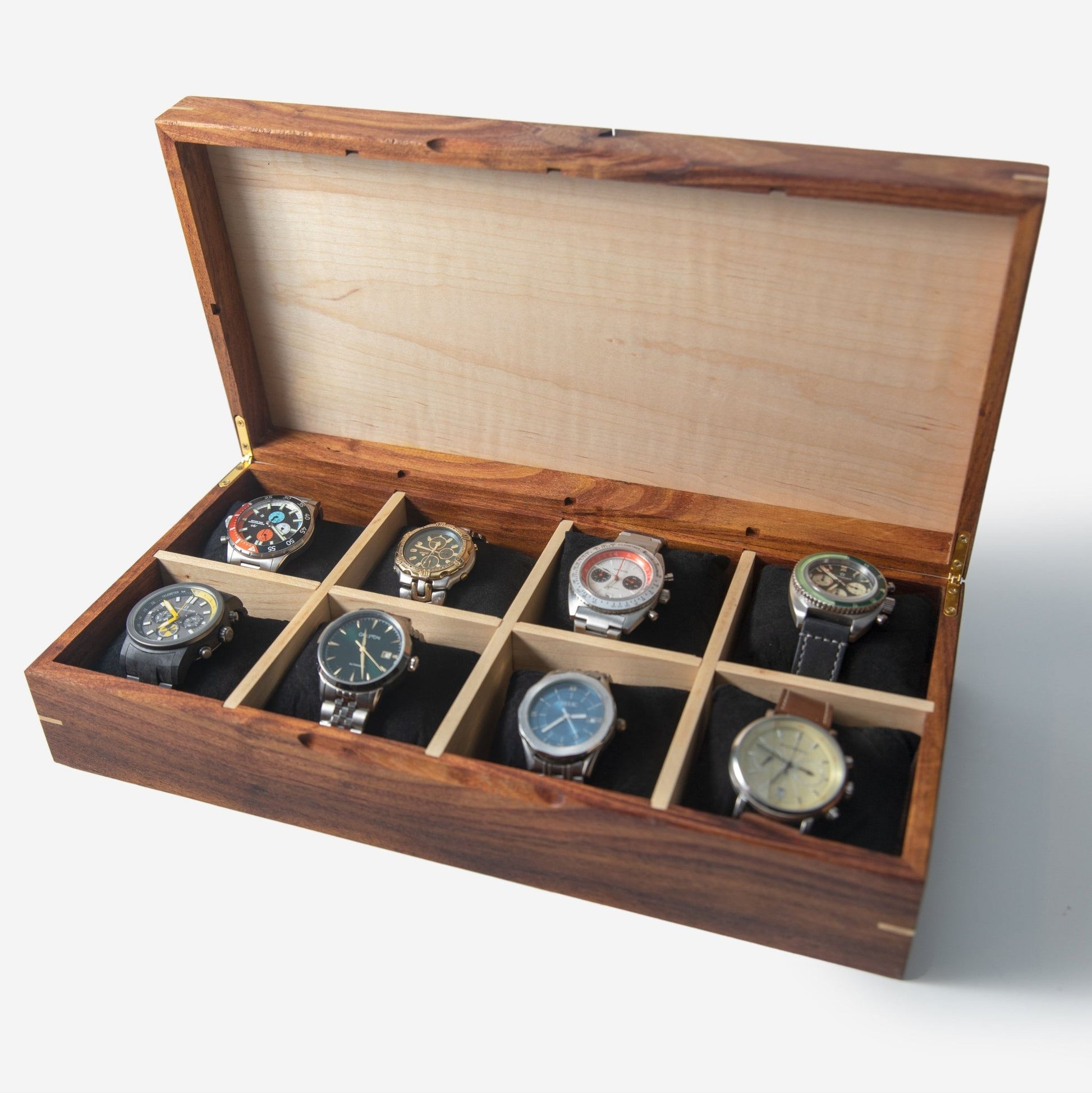 Desert Mesquite and Curly Maple Watch Box 8 Compartments - Veloce - The App For Watch Collectors