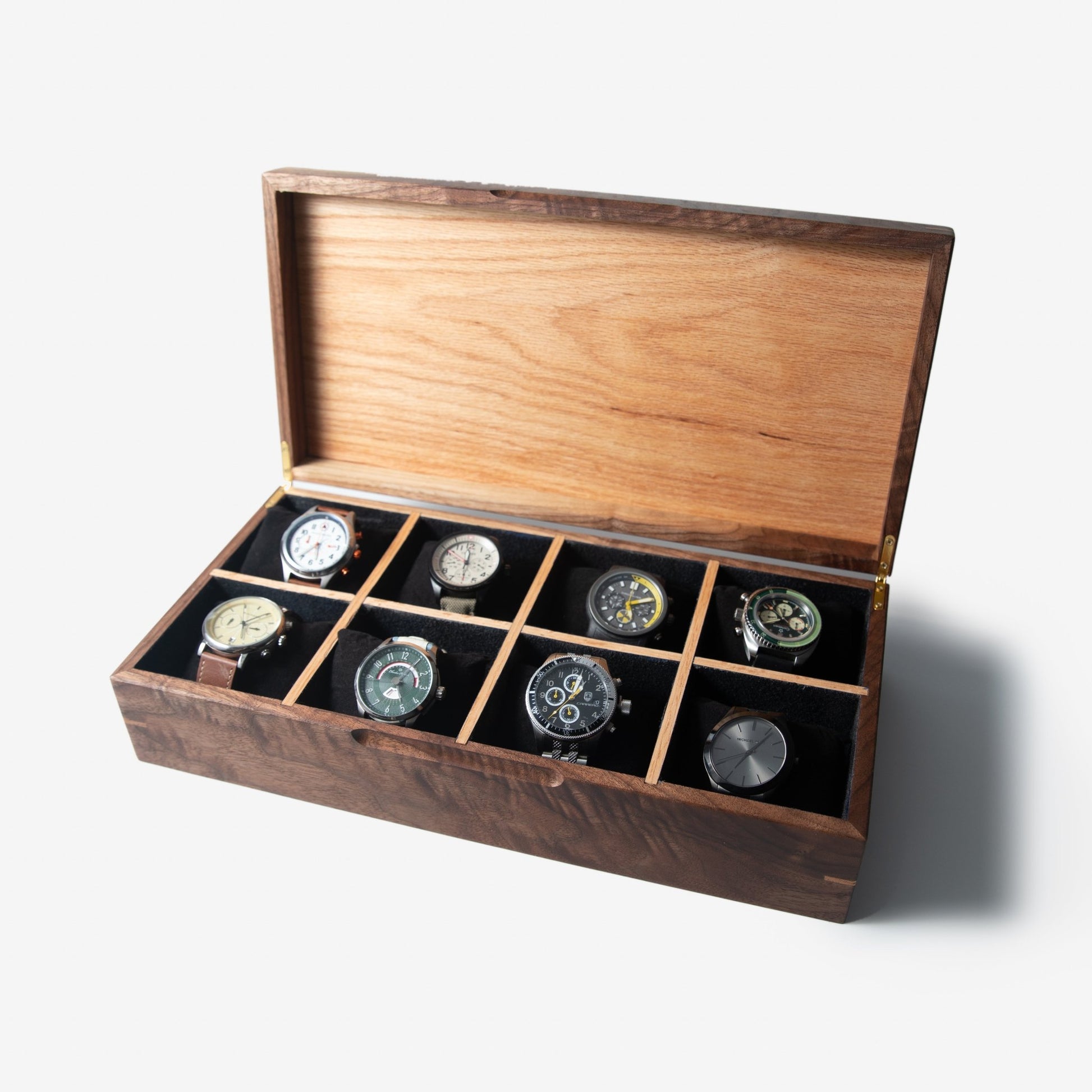 Handmade Watch Box Black Walnut and Oak 8 Compartments - Veloce - The App For Watch Collectors