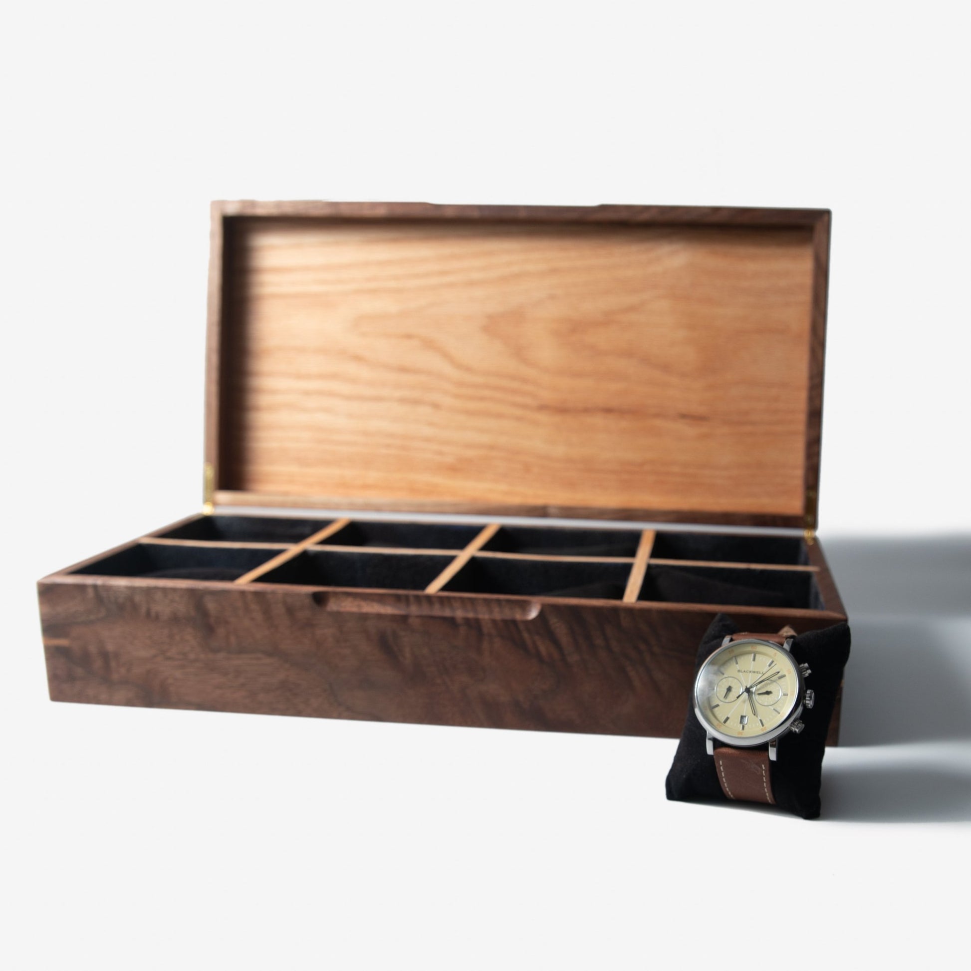 Handmade Watch Box Black Walnut and Oak 8 Compartments - Veloce - The App For Watch Collectors