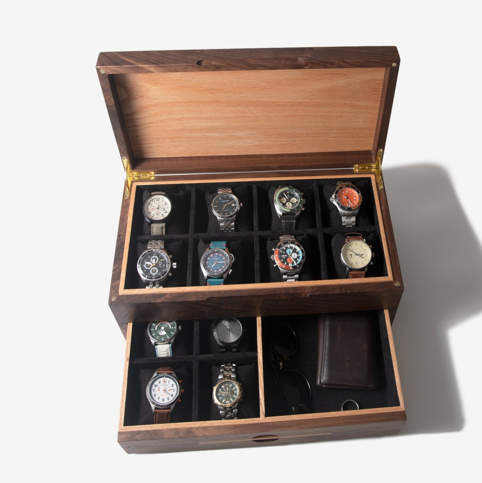 Watch Box Drawer Black Walnut And Oak 12 To 16 Compartments - Veloce - The App For Watch Collectors