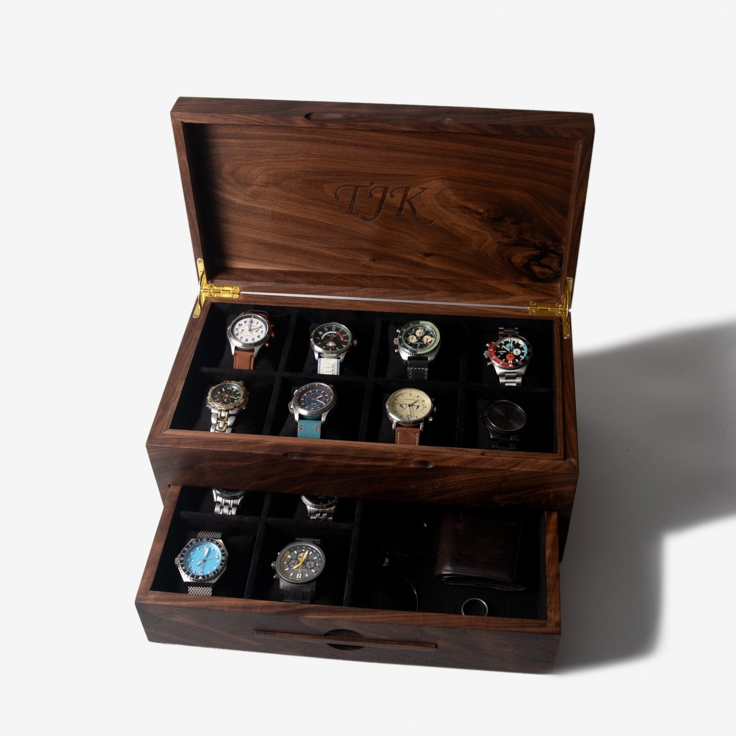 Watch Box With Drawer Black Walnut 12 To 16 Compartments - Veloce - The App For Watch Collectors