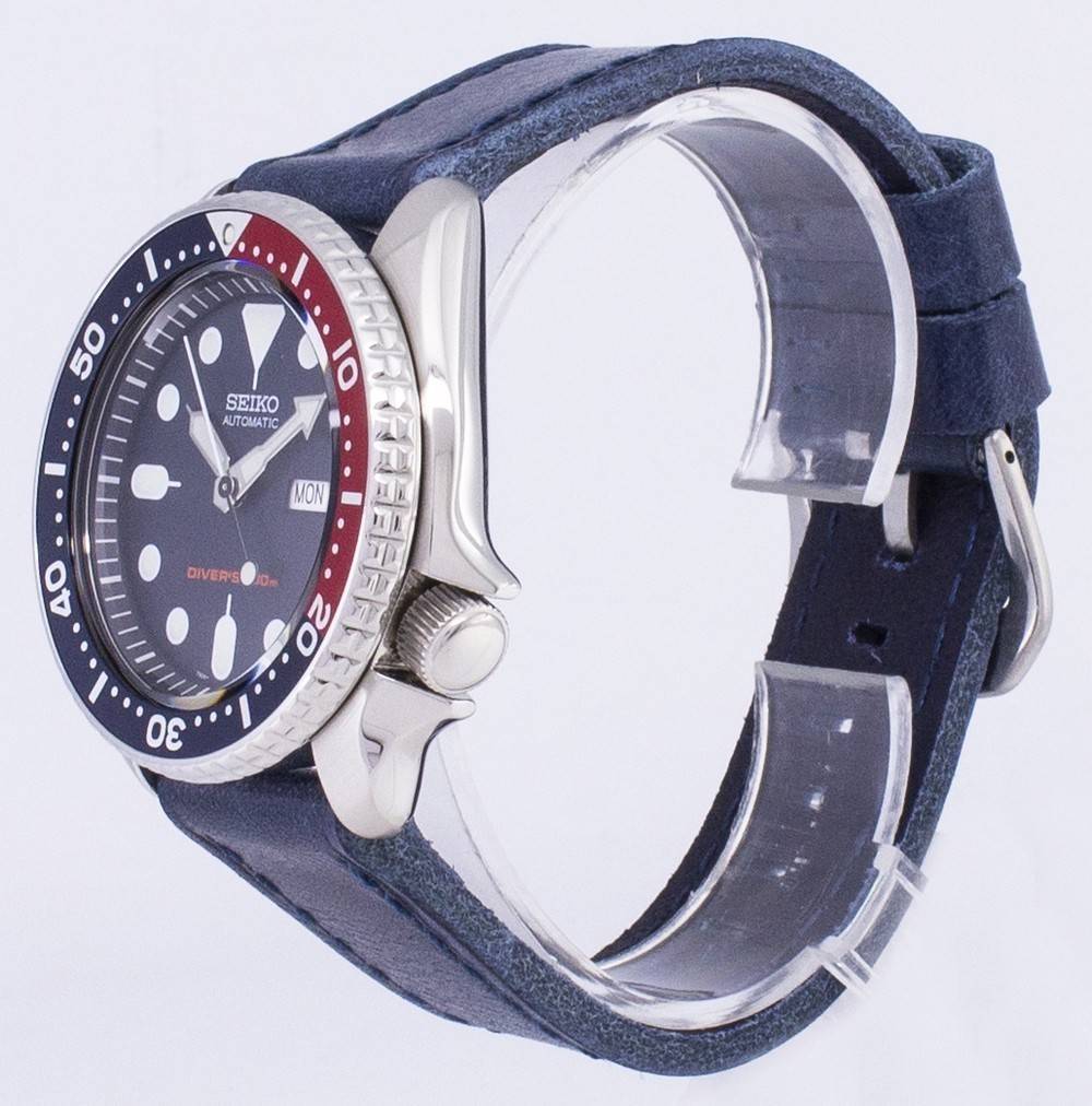 Seiko Automatic SKX009K1-var-LS13 Diver's 200M Dark Blue Leather Strap Men's Watch