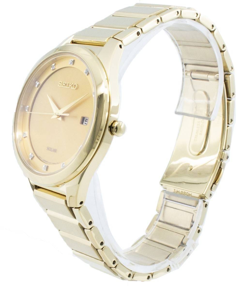 Seiko Solar Diamond Accents Gold Tone Stainless Steel SNE384 SNE384P9 SNE384P Men's Watch