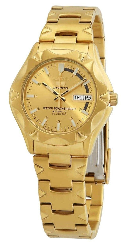 Refurbished Seiko 5 Sports Gold Tone Stainless Steel Gold Dial 23 Jewels Automatic SNZ450J1 100M Men's Watch