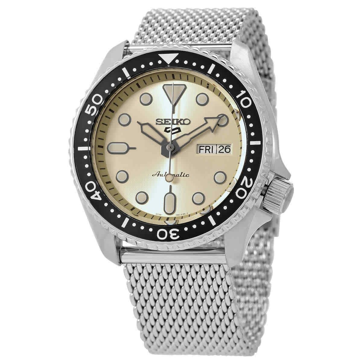 Seiko 5 Sports Champagne Dial Stainless Steel Mesh Automatic SRPE75 SRPE75K1 SRPE75K 100M Men's Watch