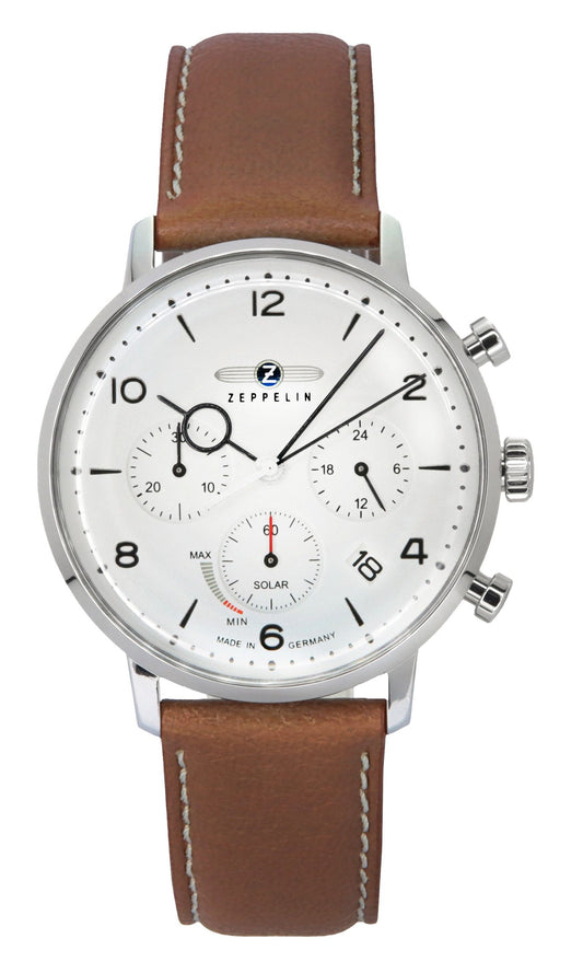 Zeppelin LZ129 Hindenburg Chronograph Brown Leather Strap Beige Dial Solar 80865N Men's Watch