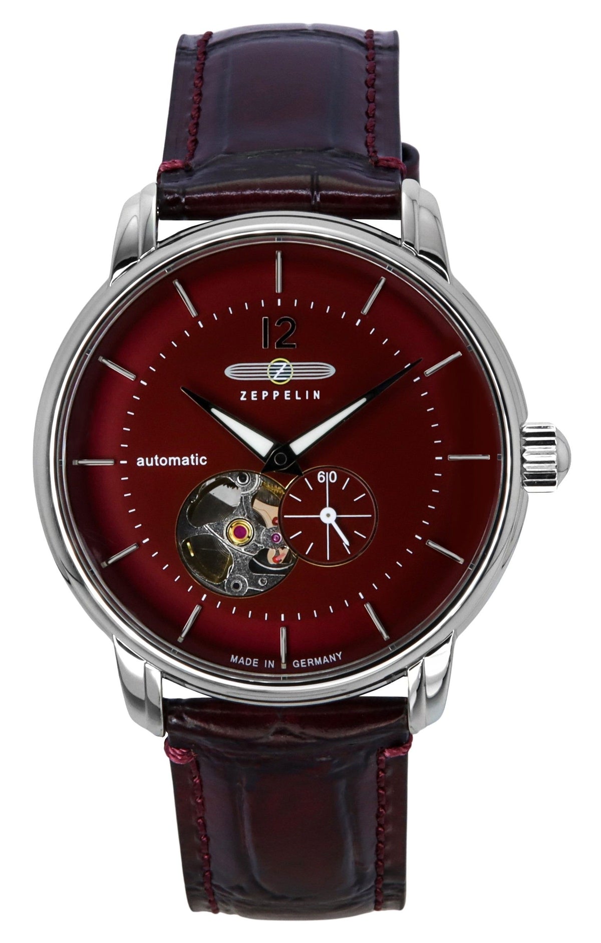 Zeppelin LZ 120 Bodensee Leather Strap Red Open Heart Dial Automatic 81665 Men's Watch