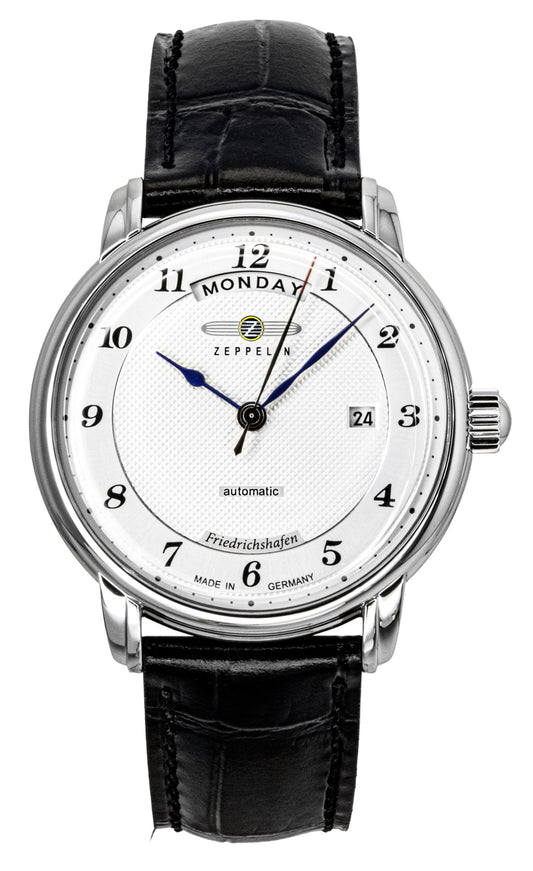 Zeppelin Friedrichshafen Black Leather Strap Silver Dial Automatic 85624 Men's Watch