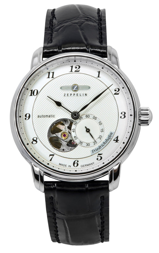 Zeppelin Friedrichshafen Leather Strap Silver Open Heart Dial Automatic 85664 Men's Watch