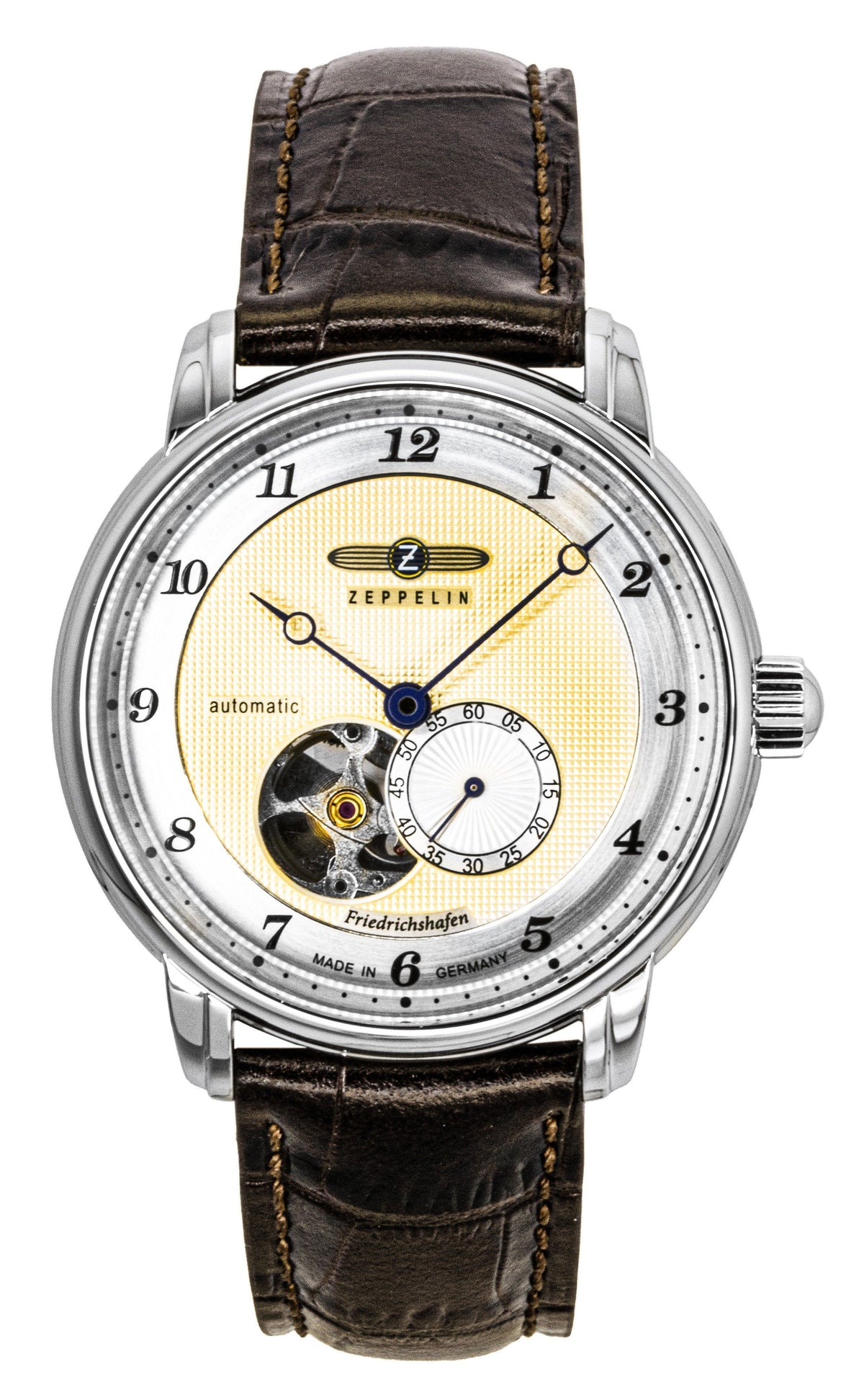Zeppelin Friedrichshafe Brown Leather Strap Open Heart Gold Dial Automatic 85665 Men's Watch