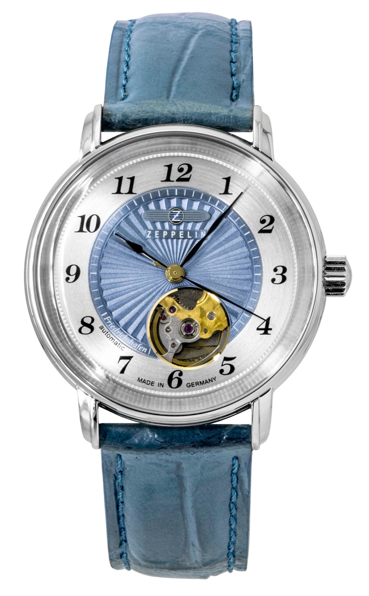 Zeppelin Friedrichshafen Leather Strap Open Heart Blue Dial Automatic 85673 Women's Watch
