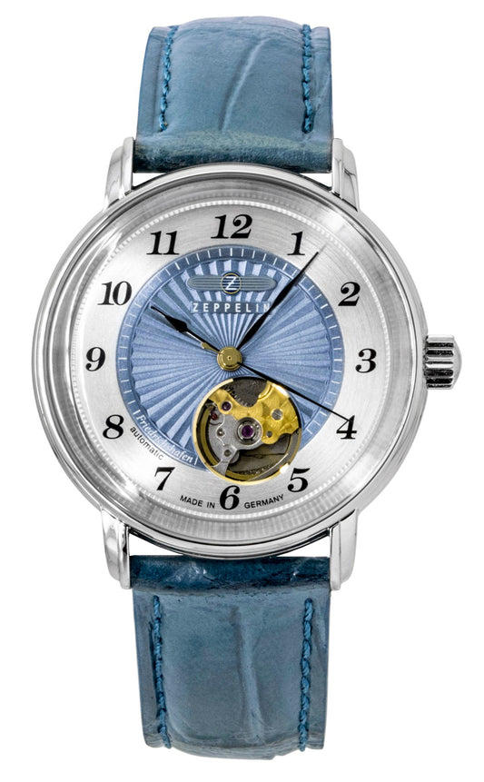 Zeppelin Friedrichshafen Leather Strap Open Heart Blue Dial Automatic 85673 Women's Watch