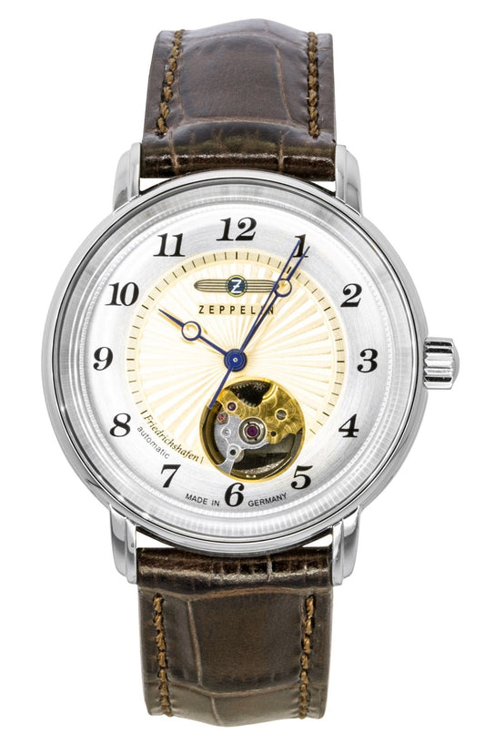 Zeppelin Friedrichshafen Leather Strap Open Heart Gold Dial Automatic 85675 Women's Watch