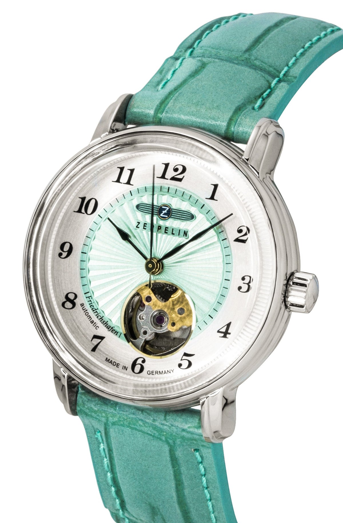 Zeppelin Friedrichshafen Leather Strap Open Heart Turquoise Dial Automatic 85694 Women's Watch
