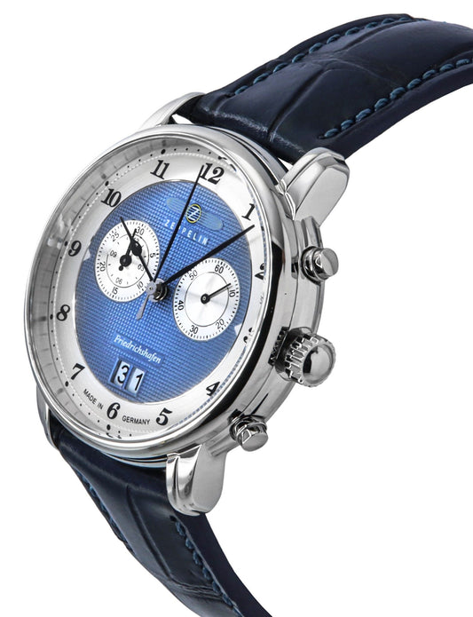 Zeppelin Friedrichshafen Chronograph Leather Strap Blue Dial Quartz 85843 Men's Watch