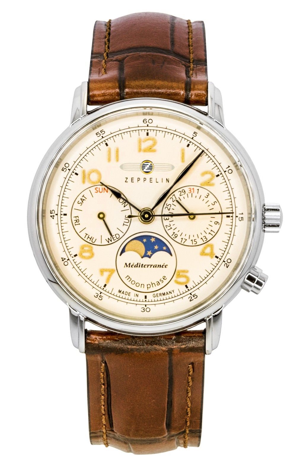 Zeppelin Mediterranee Moonphase Leather Strap Champagne Dial Quartz 96375 Men's Watch