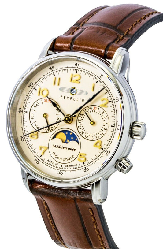Zeppelin Mediterranee Moonphase Leather Strap Champagne Dial Quartz 96375 Men's Watch