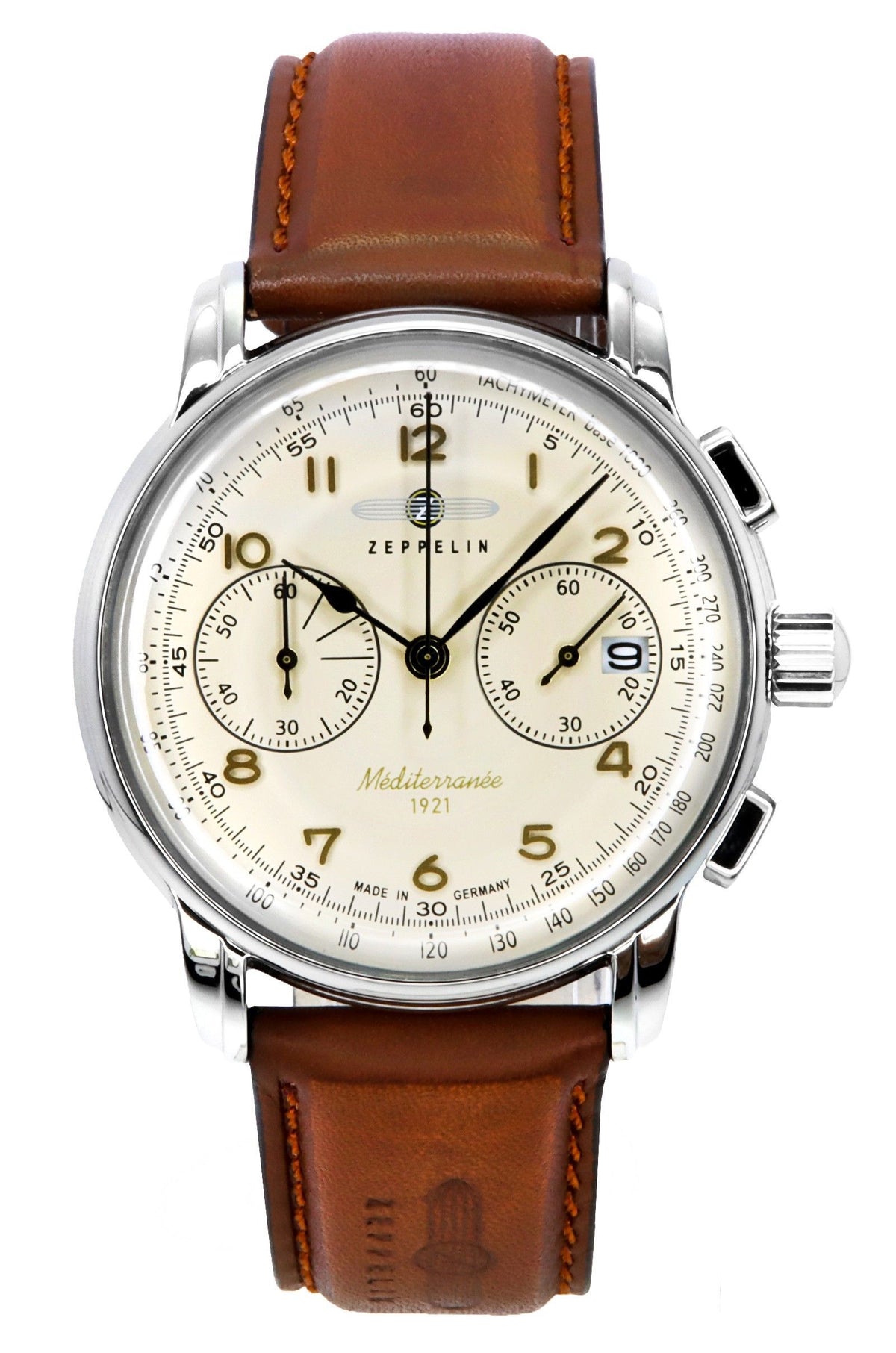 Zeppelin Mediterranee Chronograph Leather Strap Beige Dial Quartz 96705 Men's Watch