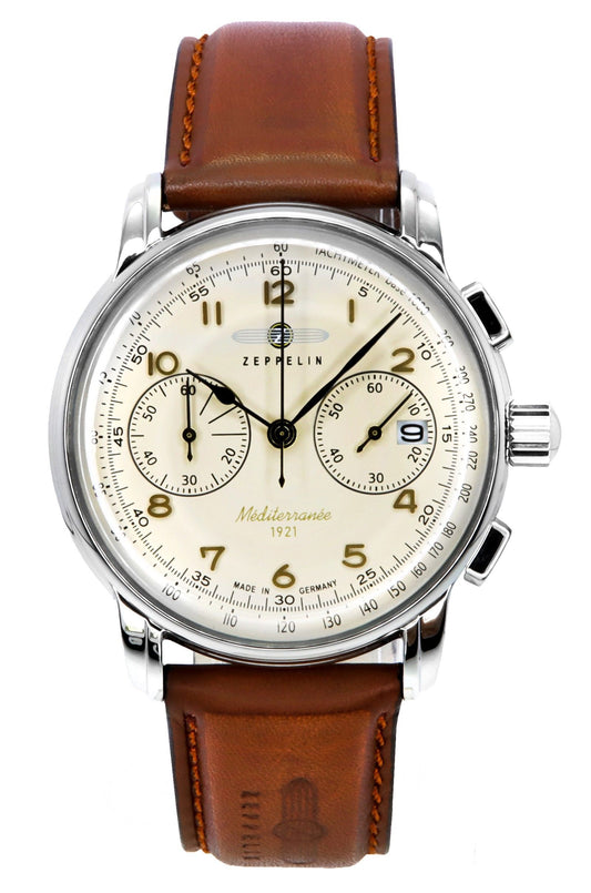 Zeppelin Mediterranee Chronograph Leather Strap Beige Dial Quartz 96705 Men's Watch