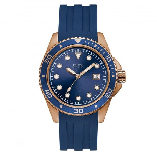 Guess Watches Guess Gents Rose Gold Watch Blue Trim Dial Strap W1109g3