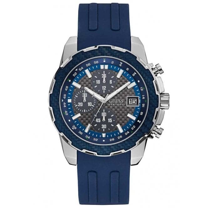 Guess Watches Guess Gents Silver Watch Blue Trim Grey Dial Blue Textured Silicone Strap W1047g2