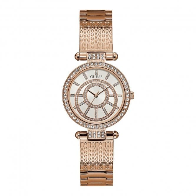 Guess Watches Guess Ladies Rose Gold Watch White Dial Rose Gold Textured Bracelet W1008l3