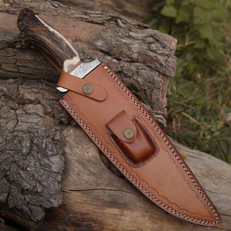 Damascus Stag Bowie Knife with Leather Sheath - Veloce - The App For Watch Collectors