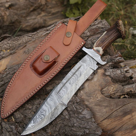 Damascus Stag Bowie Knife with Leather Sheath - Veloce - The App For Watch Collectors