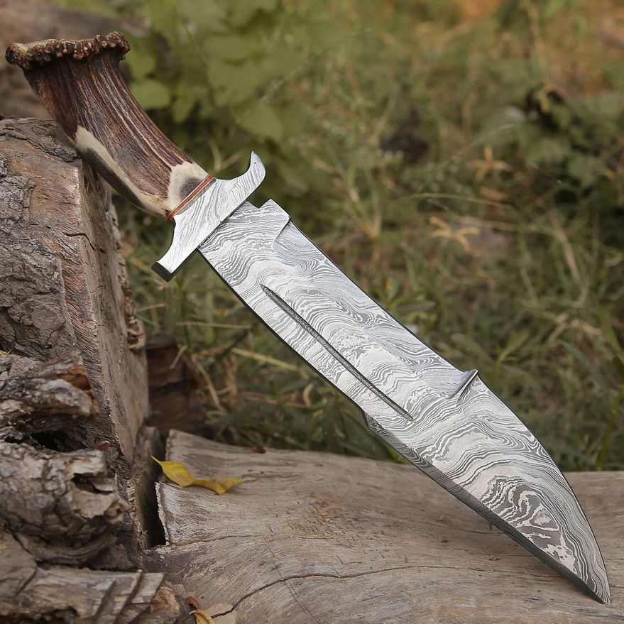 Damascus Stag Bowie Knife with Leather Sheath - Veloce - The App For Watch Collectors