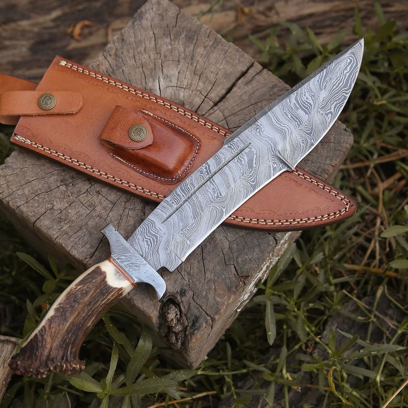 Damascus Stag Bowie Knife with Leather Sheath - Veloce - The App For Watch Collectors