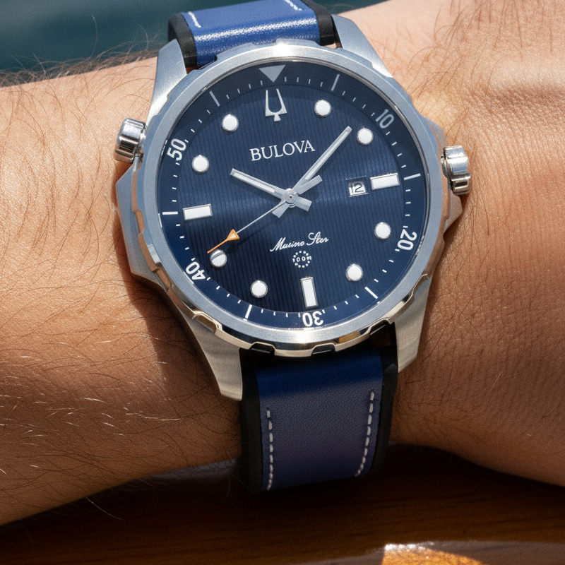 Bulova Marine Star Series Silicone Strap Blue Dial Quartz 96B419 100M Men's Watch — lifestyle