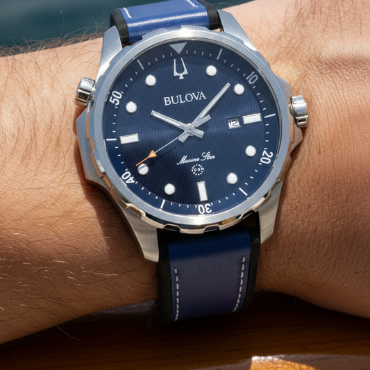 Bulova Marine Star Series Silicone Strap Blue Dial Quartz 96B419 100M Men's Watch — lifestyle