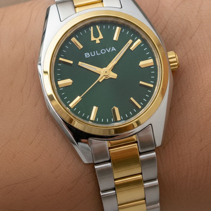 Bulova Surveyor Two Tone Stainless Steel Green Dial Quartz 98L329 Women's Watch — lifestyle
