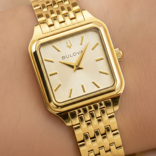 Bulova Sutton Square Gold Tone Stainless Steel Gold Dial Quartz 97L191 Women's Watch — lifestyle