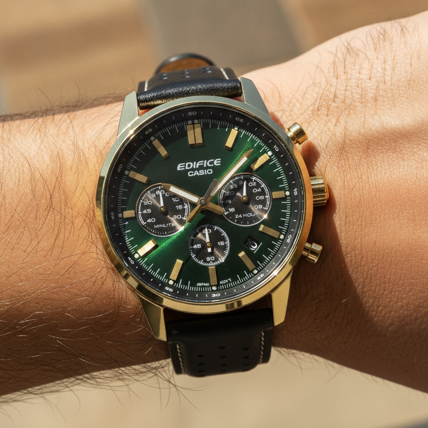 Casio Edifice Analog Chronograph Leather Strap Green Dial Quartz EFR-575CL-3A 100M Men's Watch — lifestyle