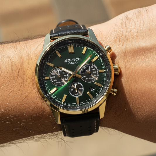 Casio Edifice Analog Chronograph Leather Strap Green Dial Quartz EFR-575CL-3A 100M Men's Watch — lifestyle