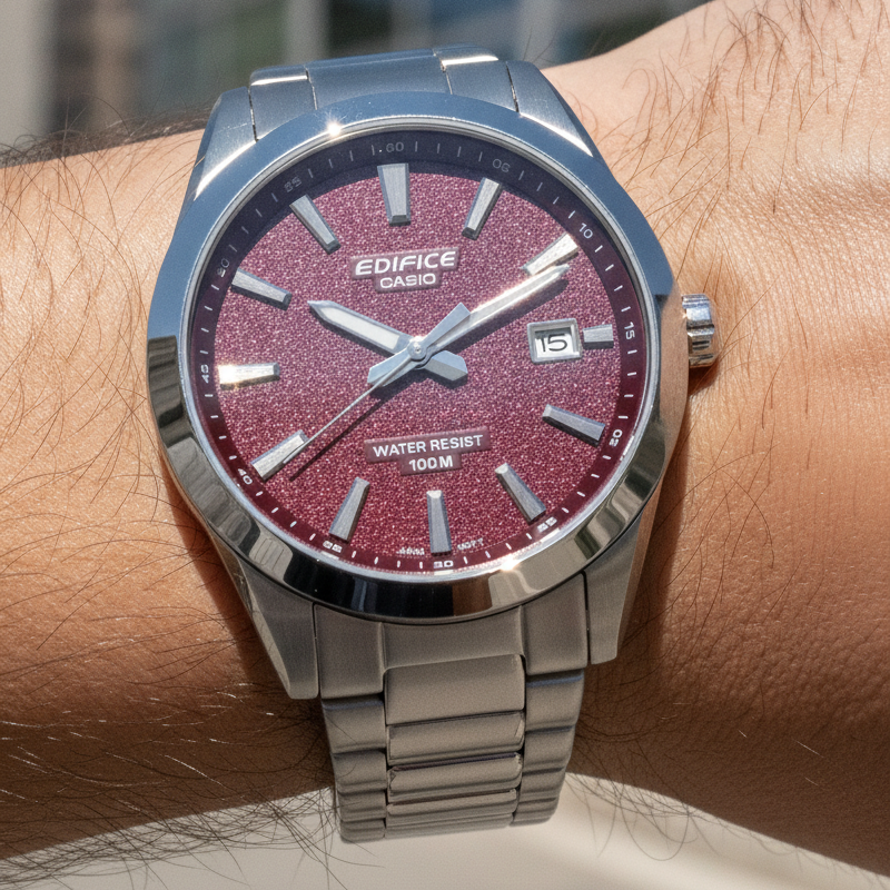 Casio Edifice Analog Stainless Steel Red Dial Quartz EFV-160D-4AV 100M Men's Watch — lifestyle