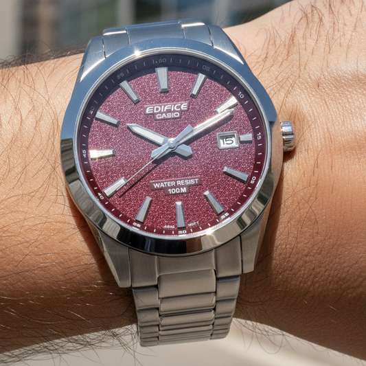 Casio Edifice Analog Stainless Steel Red Dial Quartz EFV-160D-4AV 100M Men's Watch — lifestyle