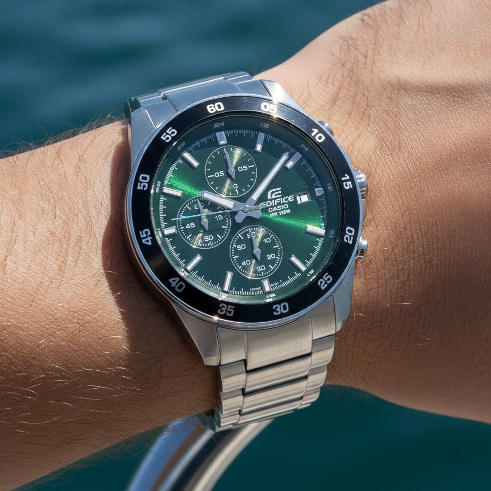 Casio Edifice Analog Standard Chronograph Stainless Steel Green Dial Quartz EFR-526D-3A 100M Men's Watch — lifestyle