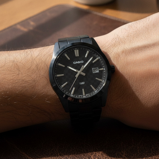 Casio Standard Analog Black Ion Plated Stainless Steel Black Dial Quartz MTP-VD03B-1A Men's Watch — lifestyle